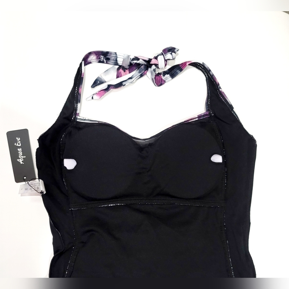 NWT Aqua Eve Women's Ruched Tummy Control Purple Floral Halter Slimming Swimsuit - Picture 11 of 13